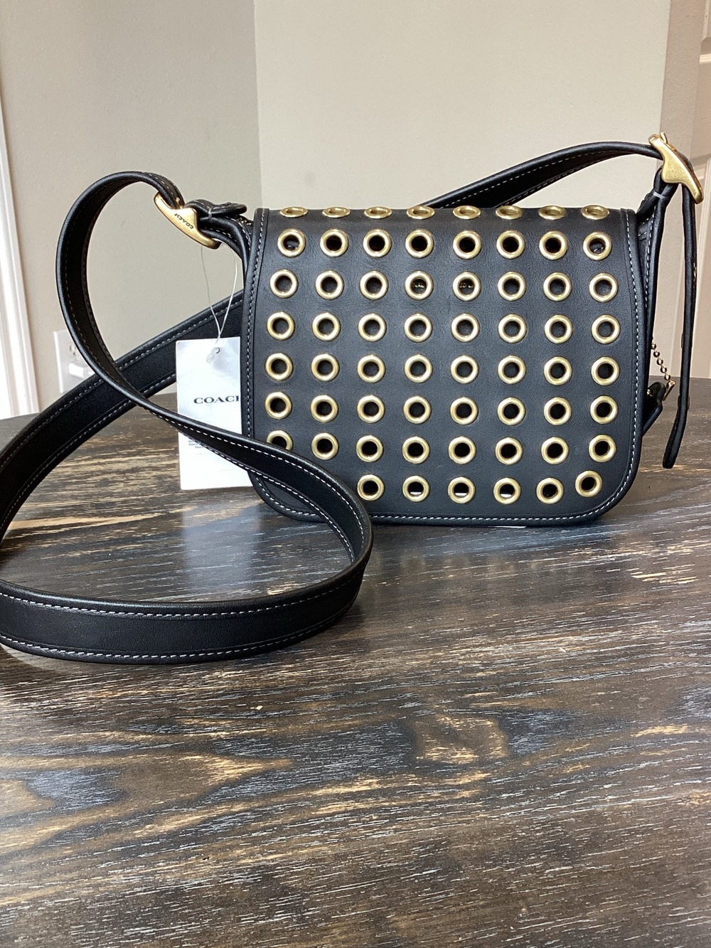 Coach Patricia Black Leather Crossbody with Gold Grommet Detail